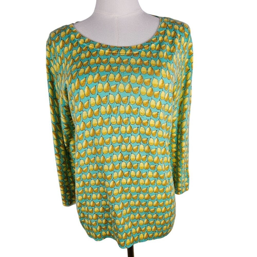 Talbots Sweater LP Faux Button-Back Pear Print Green Yellow Cottagecore